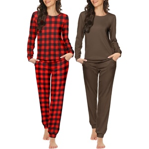 image:imageEkouaer 2 Pack Pajama Sets for WomenLong Sleeve Top With Jogger Pants Lounge Set Sleepwear with PocketsBrownred Plaid