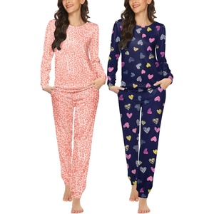 image:imageEkouaer 2 Pack Pajama Sets for WomenLong Sleeve Top With Jogger Pants Lounge Set Sleepwear with PocketsNavy Blue Love Printpink Leopard Print
