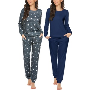 image:imageEkouaer 2 Pack Pajama Sets for WomenLong Sleeve Top With Jogger Pants Lounge Set Sleepwear with PocketsNavygrey Star