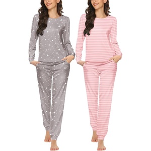 image:imageEkouaer 2 Pack Pajama Sets for WomenLong Sleeve Top With Jogger Pants Lounge Set Sleepwear with PocketsPink White Stripesgrey White Star
