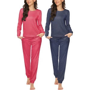 image:imageEkouaer 2 Pack Pajama Sets for WomenLong Sleeve Top With Jogger Pants Lounge Set Sleepwear with PocketsRed White Stripesblue White Dot