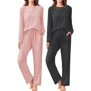 image:imageEkouaer 2 Pack Women Pajama Long Sleeve Sleepwear Soft Loungewear Pjs Sets with Pockets SXXLBlack PointKhaki Striped