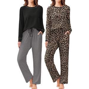image:imageEkouaer 2 Pack Women Pajama Long Sleeve Sleepwear Soft Loungewear Pjs Sets with Pockets SXXLBlack StripedLeopard