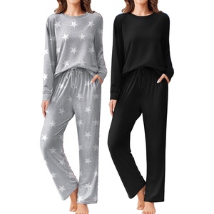image:imageEkouaer 2 Pack Women Pajama Long Sleeve Sleepwear Soft Loungewear Pjs Sets with Pockets SXXLBlackGrey Star Print