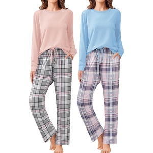 image:imageEkouaer 2 Pack Women Pajama Long Sleeve Sleepwear Soft Loungewear Pjs Sets with Pockets SXXLLight Pink PlaidLight Blue Plaid