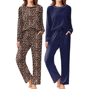 image:imageEkouaer 2 Pack Women Pajama Long Sleeve Sleepwear Soft Loungewear Pjs Sets with Pockets SXXLNavy Blue DotsLeopard Print