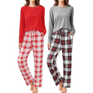 image:imageEkouaer 2 Pack Women Pajama Long Sleeve Sleepwear Soft Loungewear Pjs Sets with Pockets SXXLRed PlaidGrey Plaid