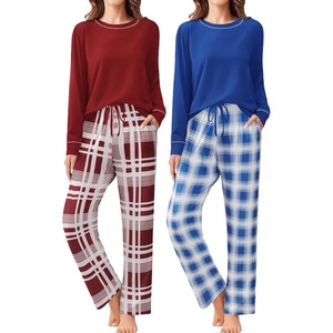 image:imageEkouaer 2 Pack Women Pajama Long Sleeve Sleepwear Soft Loungewear Pjs Sets with Pockets SXXLWine Red PlaidBlue Plaid