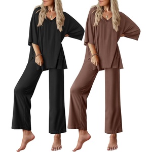 image:imageEkouaer 2 Packs Lounge Sets for Women Short Sleeve Pajamas Set V Neck Top and Long Pants Comfy Pjs Outifts with PocketsBlackBrown