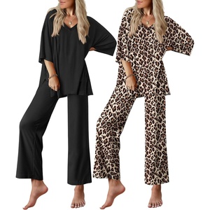 image:imageEkouaer 2 Packs Lounge Sets for Women Short Sleeve Pajamas Set V Neck Top and Long Pants Comfy Pjs Outifts with PocketsBlackBrown Leopard