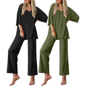 image:imageEkouaer 2 Packs Lounge Sets for Women Short Sleeve Pajamas Set V Neck Top and Long Pants Comfy Pjs Outifts with PocketsBlackGreen