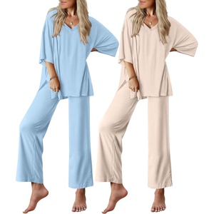 image:imageEkouaer 2 Packs Lounge Sets for Women Short Sleeve Pajamas Set V Neck Top and Long Pants Comfy Pjs Outifts with PocketsChampagneBlue