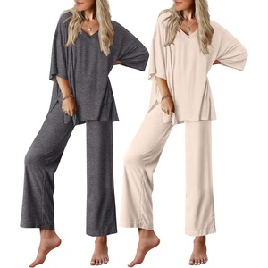 image:imageEkouaer 2 Packs Lounge Sets for Women Short Sleeve Pajamas Set V Neck Top and Long Pants Comfy Pjs Outifts with PocketsDark GreyChampagne