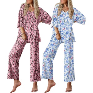 image:imageEkouaer 2 Packs Lounge Sets for Women Short Sleeve Pajamas Set V Neck Top and Long Pants Comfy Pjs Outifts with PocketsHeart LeopardBlue Flowers