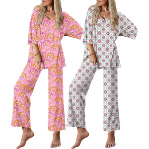 image:imageEkouaer 2 Packs Lounge Sets for Women Short Sleeve Pajamas Set V Neck Top and Long Pants Comfy Pjs Outifts with PocketsPink Cashew FlowerVintage Blooms