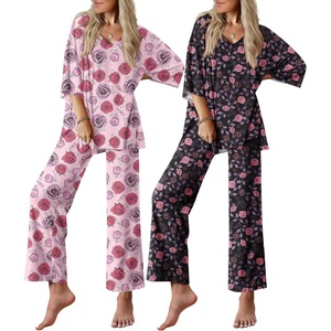image:imageEkouaer 2 Packs Lounge Sets for Women Short Sleeve Pajamas Set V Neck Top and Long Pants Comfy Pjs Outifts with PocketsPink RosesBlack Roses