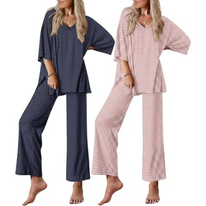 image:imageEkouaer 2 Packs Lounge Sets for Women Short Sleeve Pajamas Set V Neck Top and Long Pants Comfy Pjs Outifts with PocketsPink StripesNavy Dots