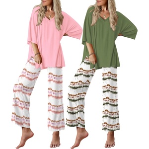image:imageEkouaer 2 Packs Lounge Sets for Women Short Sleeve Pajamas Set V Neck Top and Long Pants Comfy Pjs Outifts with PocketsPink Tiedye StripesGreen Tiedye Stripes