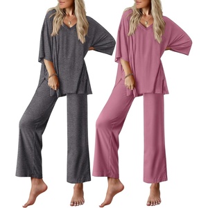 image:imageEkouaer 2 Packs Lounge Sets for Women Short Sleeve Pajamas Set V Neck Top and Long Pants Comfy Pjs Outifts with PocketsRose RedDark Grey
