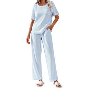 image:imageEkouaer 2 Piece Summer Waffle Knit Lounge Sets For Women Short Sleeve Top and Long Pant Pajama Set Loungewear Pjs Set03 Sky Blue