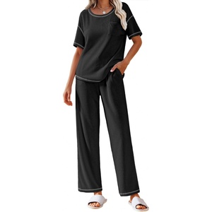 image:imageEkouaer 2 Piece Summer Waffle Knit Lounge Sets For Women Short Sleeve Top and Long Pant Pajama Set Loungewear Pjs SetBlack