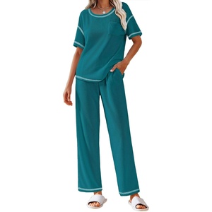image:imageEkouaer 2 Piece Summer Waffle Knit Lounge Sets For Women Short Sleeve Top and Long Pant Pajama Set Loungewear Pjs SetBlue Green