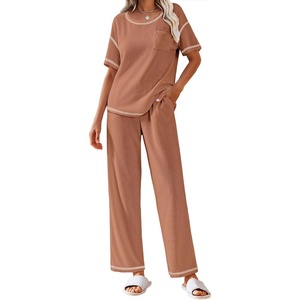 image:imageEkouaer 2 Piece Summer Waffle Knit Lounge Sets For Women Short Sleeve Top and Long Pant Pajama Set Loungewear Pjs SetCaramel