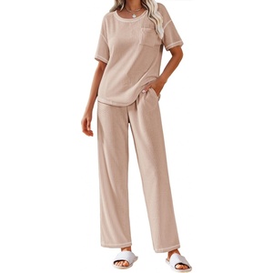 image:imageEkouaer 2 Piece Summer Waffle Knit Lounge Sets For Women Short Sleeve Top and Long Pant Pajama Set Loungewear Pjs SetChampagne