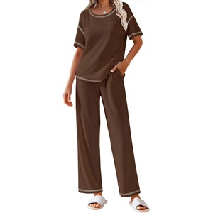 image:imageEkouaer 2 Piece Summer Waffle Knit Lounge Sets For Women Short Sleeve Top and Long Pant Pajama Set Loungewear Pjs SetDark Brown