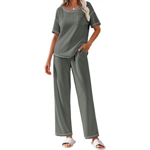 image:imageEkouaer 2 Piece Summer Waffle Knit Lounge Sets For Women Short Sleeve Top and Long Pant Pajama Set Loungewear Pjs SetDark Grey