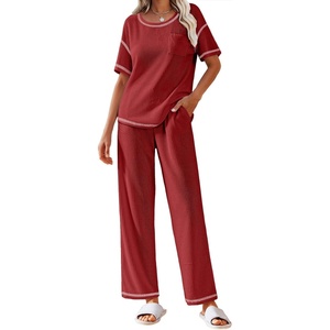 image:imageEkouaer 2 Piece Summer Waffle Knit Lounge Sets For Women Short Sleeve Top and Long Pant Pajama Set Loungewear Pjs SetDark Red