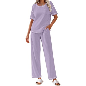 image:imageEkouaer 2 Piece Summer Waffle Knit Lounge Sets For Women Short Sleeve Top and Long Pant Pajama Set Loungewear Pjs SetLavender