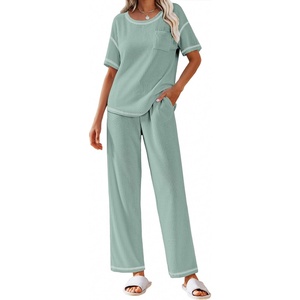 image:imageEkouaer 2 Piece Summer Waffle Knit Lounge Sets For Women Short Sleeve Top and Long Pant Pajama Set Loungewear Pjs SetLight Green