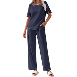 image:imageEkouaer 2 Piece Summer Waffle Knit Lounge Sets For Women Short Sleeve Top and Long Pant Pajama Set Loungewear Pjs SetNavy Blue