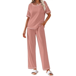 image:imageEkouaer 2 Piece Summer Waffle Knit Lounge Sets For Women Short Sleeve Top and Long Pant Pajama Set Loungewear Pjs SetPink