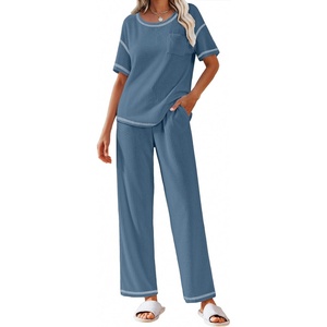 image:imageEkouaer 2 Piece Summer Waffle Knit Lounge Sets For Women Short Sleeve Top and Long Pant Pajama Set Loungewear Pjs SetSky Blue