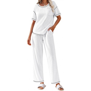 image:imageEkouaer 2 Piece Summer Waffle Knit Lounge Sets For Women Short Sleeve Top and Long Pant Pajama Set Loungewear Pjs SetWhite