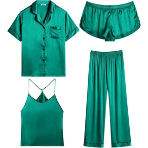 image:imageEkouaer 4PCs Womens Satin Silky Pajama Set Button Down Top and Long Pants Loungewear Camisole Top and Shorts SleepwearGreen