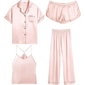 image:imageEkouaer 4PCs Womens Satin Silky Pajama Set Button Down Top and Long Pants Loungewear Camisole Top and Shorts SleepwearLight Pink