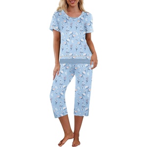 image:imageEkouaer Capri Pajama Sets for Women Short Sleeve Tops Sleepwear Sleep Sets Pjs Sets Soft Two Piece Loungewear SetsBlue Floral