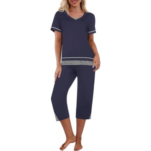 image:imageEkouaer Capri Pajama Sets for Women Short Sleeve Tops Sleepwear Sleep Sets Pjs Sets Soft Two Piece Loungewear SetsNavy Blue