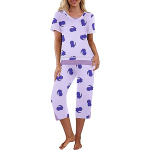 image:imageEkouaer Capri Pajama Sets for Women Short Sleeve Tops Sleepwear Sleep Sets Pjs Sets Soft Two Piece Loungewear SetsPurple Dinosaur