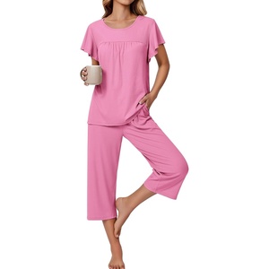 image:imageEkouaer Capri Pajamas for Women Set Short Sleeve Lounge Set Soft Sleepwear Pullover Top and PantsDeep Pink