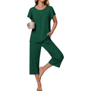 image:imageEkouaer Capri Pajamas for Women Set Short Sleeve Lounge Set Soft Sleepwear Pullover Top and PantsGreen