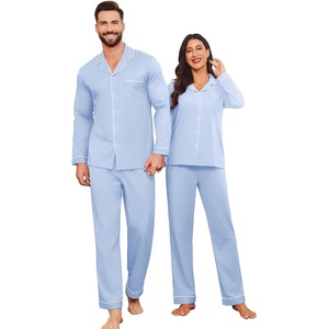 image:imageEkouaer Couple Matching Pajamas 100 Cotton Long Sleeve Sleepwear Button Down Loungewear Pjs Set SXXLLight Blue