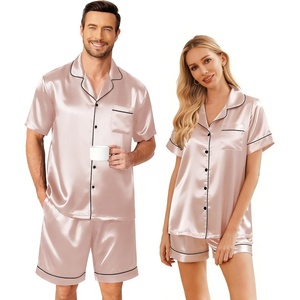 image:imageEkouaer Couple Matching Pajamas Sets Silk Short Sleeve Button Down Sleepwear Satin Pjs Shorts Set Soft Loungewear SXXLChampagne