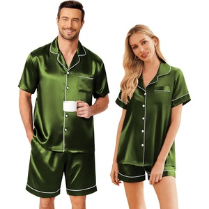 image:imageEkouaer Couple Matching Pajamas Sets Silk Short Sleeve Button Down Sleepwear Satin Pjs Shorts Set Soft Loungewear SXXLDark Army Green