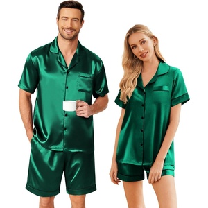 image:imageEkouaer Couple Matching Pajamas Sets Silk Short Sleeve Button Down Sleepwear Satin Pjs Shorts Set Soft Loungewear SXXLGreen