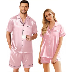 image:imageEkouaer Couple Matching Pajamas Sets Silk Short Sleeve Button Down Sleepwear Satin Pjs Shorts Set Soft Loungewear SXXLPink