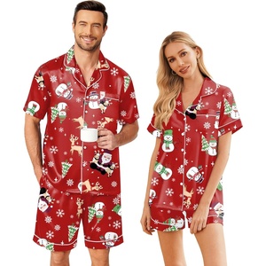 image:imageEkouaer Couple Matching Pajamas Sets Silk Short Sleeve Button Down Sleepwear Satin Pjs Shorts Set Soft Loungewear SXXLXmas Red